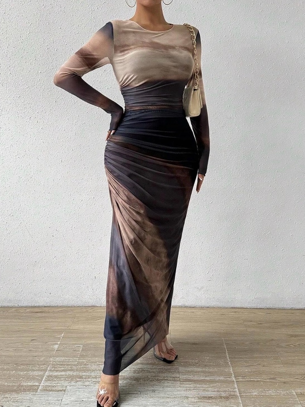 Sleek Brown Ombre Ruched Maxi Dress - Long Sleeve Women’s Evening Dress
